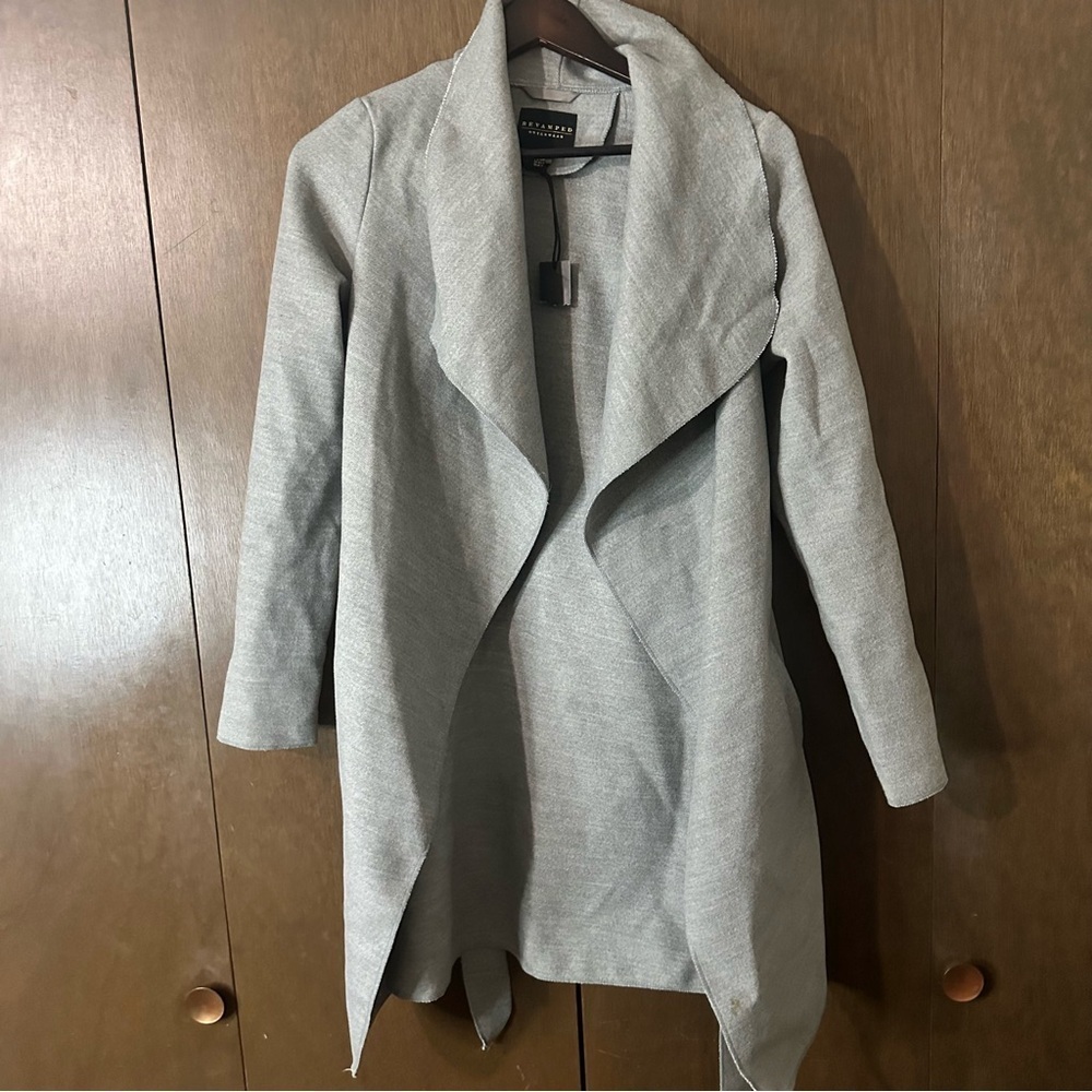 Revamped Grey Waterfall Collar Waist Tie Women's Coat Sz XS Cozy Fall Academia - Picture 2 of 9